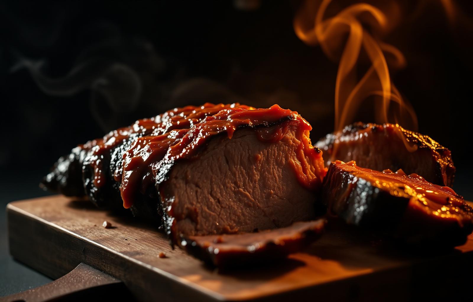 Slow-smoked Southern barbecue brisket glistening under warm light